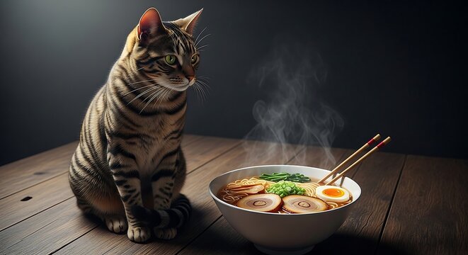 cat looking at ramen curiously watching the hot steaming bowl with chopsticks on a wooden table ideal for japanese cuisine advertisements - Powered by Adobe