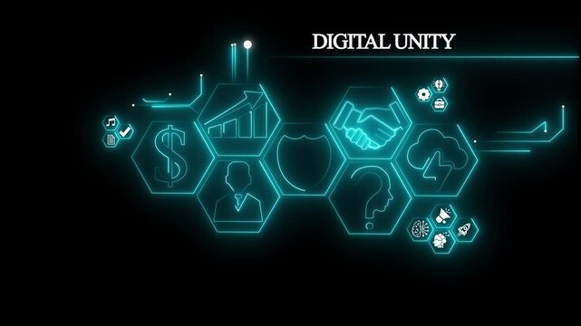 Digital unity .concept global network digital with business icons, social network icons ,Beautiful motion waving dots map texture with glowing,interaction concept. Virtual network Technology.4K