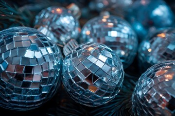 Close-up of small, mosaic mirror disco ball ornaments nestled in dark pine branches under cool blue lighting. Perfect for winter holidays, retro party themes, or festive glamour.