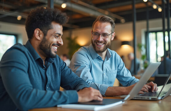 Two happy men collaborate on laptops discussing project details. Diverse coworkers brainstorm ideas, share insights, and work on tech tasks in a modern office space.