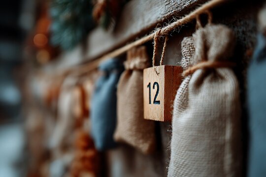 Close-up of a rustic, handmade Advent calendar featuring small burlap and cloth bags with a wooden tag displaying the number 12. Symbolizes holiday anticipation and tradition. - Powered by Adobe