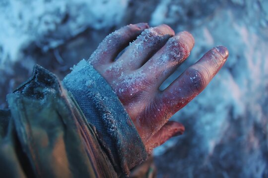 Close-up of a frost-covered, reddened hand with visible signs of cold exposure against a snowy background. Symbolizes the dangers of frostbite and extreme winter conditions.