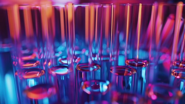 Macro view of test tubes filled with clear liquid, illuminated with vibrant blue and pink neon light, creating abstract reflections and chemical imagery - Powered by Adobe
