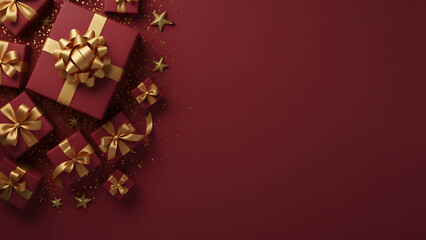 Luxury red and gold gift boxes with confetti stars on dark background, Top view.