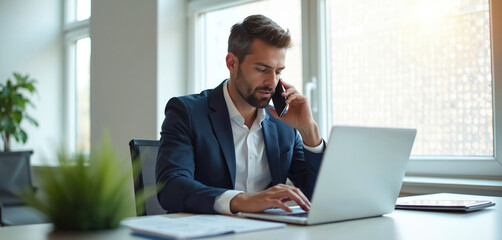 Obraz premium Busy man talks on smartphone typing on laptop computer. Pro businessperson works from office desk. Manages tasks, communicates with clients. Young employee multitasks, handles important call, online