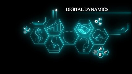 Digital dynamics .concept global network digital with business icons, social network icons ,Beautiful motion waving dots map texture with glowing,interaction concept. Virtual network Technology.4K - Powered by Adobe