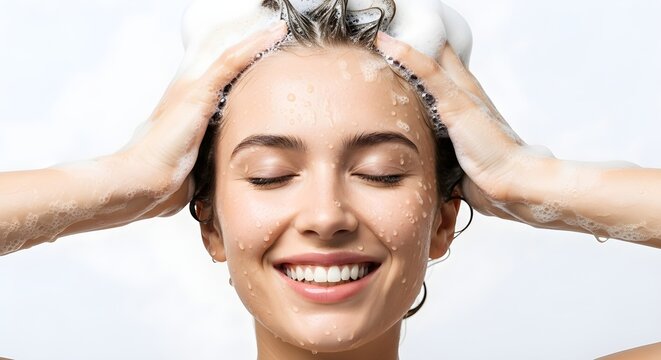 Smiling woman washing her hair with shampoo, enjoying the refreshing feeling of cleanliness