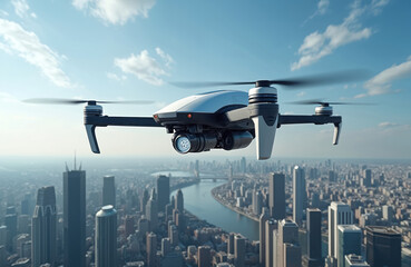 Modern autonomous drone with camera flies high in clear blue sky above busy urban city. Tall skyscrapers, wide river visible below. Tech represents future aerial transport, smart solutions, urban
