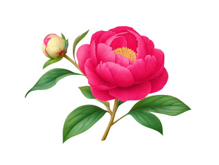 Pink peony flower with green leaves and yellow bud, detailed botanical illustration, isolated on transparent background, elegant and vibrant, perfect for spring or wedding design