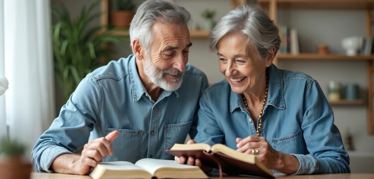 Elderly couple reads Bible together at home. Happy seniors share faith and study holy book. Woman and man learn gospel, enjoy togetherness in retirement.