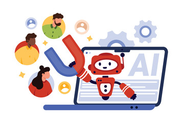 Social media marketing automation, AI tools to engage customers. Robot from laptop screen holding magnet to pull audience, attract traffic of visitors and clients cartoon vector illustration