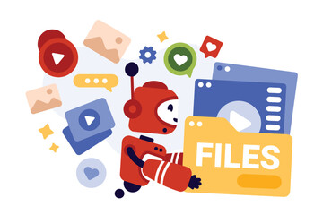 Fototapeta premium Automation of content creation, optimization of blog posts on social media using AI tools. Robot with folder full of digital data and creative ideas, images and videos cartoon vector illustration