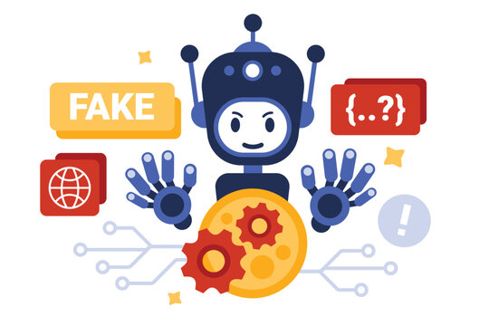 Risk and danger of fake news creation with AI, machine learning and misinformation. Hands of robot create fake reality with harmful information and algorithms of propaganda cartoon vector illustration