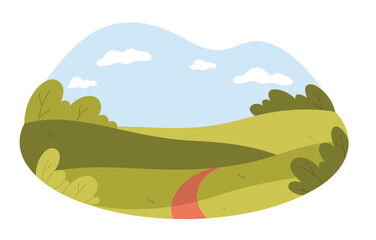 A serene landscape featuring green hills with a meandering path, lush trees, and a calm blue sky with soft clouds isolated
