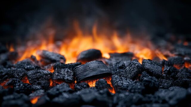 Seamless looping video showcasing burning coal, ideal for atmospheric effects or industrial
