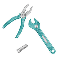 A set of colorful construction and repair tools. Toy pliers, a wrench, and a bolt for children. Watercolor cartoon illustration on a white background.