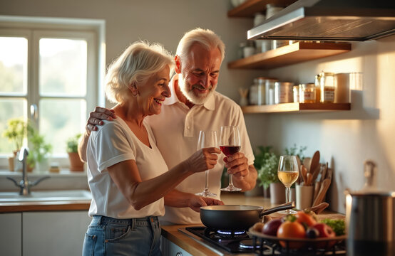 Elderly couple cooking together in kitchen smiling and toasting with wine glasses. Woman and man happily prepare dinner meal on stove. Romance and love in retirement.