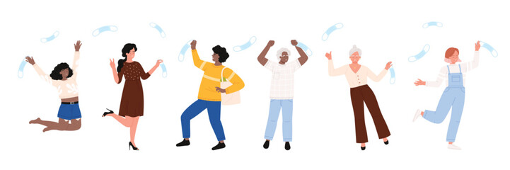 Happy people free from masks set. Young and old, male and female characters celebrate lockdown end and freedom, cheerful man and woman jump and dance throwing masks up cartoon vector illustration