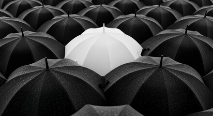 Unique Amidst the Collective: A singular, pristine umbrella stands out boldly against a sea of closed, dark umbrellas, creating a striking contrast that symbolizes individuality.