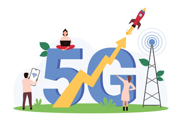 5G high speed network connection. Tiny people upload data and surf internet at 5G lettering and fast rocket boost, signal to smartphones and laptops from antenna telecom cartoon vector illustration