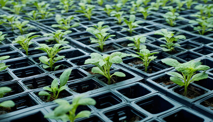 Closeup of plastic seedling trays arranged in an organized pattern showcasing efficient setup for robust plant growth in a controlled environment