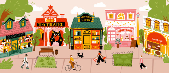 Illustration of a colorful town street with small shops — bookshop, theatre, antique store, sweet shop, and café. Cozy urban lifestyle, shopping and leisure concept in flat vector style.
