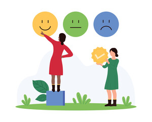 Customer feedback. Tiny people choose between sad, neutral and happy emoji to evaluate experience of using product or service, giving golden tick of approval and quality cartoon vector illustration