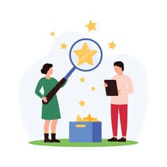 Customer review, comparison of user opinions, satisfaction and experiences about product. Tiny people looking through magnifying glass at golden stars flying out of box cartoon vector illustration