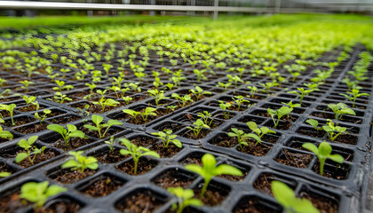 Closeup of plastic seedling trays arranged in an organized pattern showcasing efficient setup for robust plant growth in a controlled environment