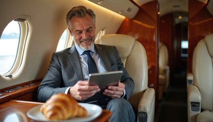 Smiling rich businessman in suit works on tablet computer inside private jet. Enjoys luxury flight, eating fresh croissant on table. Comfortable business travel in corporate aircraft. Successful man