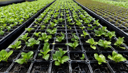 Closeup of plastic seedling trays arranged in an organized pattern showcasing efficient setup for robust plant growth in a controlled environment