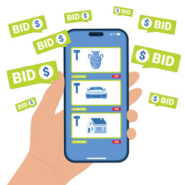 Online auction in mobile app. Hand of bidder holding smartphone with bidding for antique vase, house and car, button Bid on screen, price suggestions in speech bubbles cartoon vector illustration