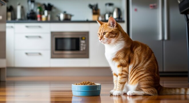 Cozy Cat in the Kitchen: An adorable ginger tabby cat sits gracefully near a food bowl in a bright, modern kitchen. Capturing the essence of home and companion animals.