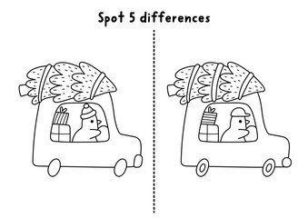 Christmas line find differences game. Winter holiday black and white educational activity with bird driving car with tree. Printable worksheet, coloring page for kids with New Year character