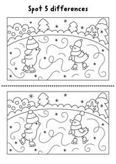 Christmas line find differences game. Winter holiday black and white activity with rabbit and bird skating on the rink. Printable worksheet, coloring page for kids with New Year character