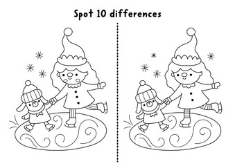 Christmas line find differences game. Winter holiday black and white activity with elf teaching puppy skate on the rink. Printable worksheet, coloring page for kids with New Year character