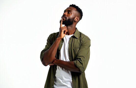 Black man ponders choice looking up finger on chin. He stands arms crossed with thoughtful expression. Represents decision making planning career progress or problem solving.
