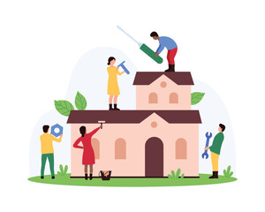 House development, construction site and building renovation. Tiny people paint wall, holding builder and worker tools to repair facade, rebuild real estate project cartoon vector illustration
