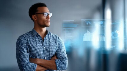 A professional man in smart casual attire observes virtual graphs and analytics in a high tech workspace. The scene conveys innovation, leadership, and digital transformation in business - Powered by Adobe
