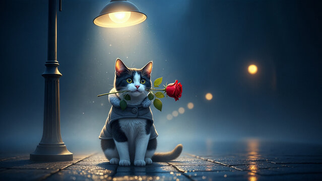 Tuxedo cat holds red rose in mouth under street light on cobblestone road at night