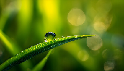 Macro shot of a single dew drop perched on a blade of grass with a vivid green bokeh background.