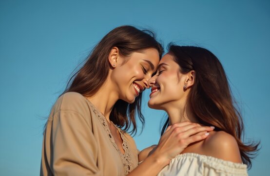 Two young women share tender romantic moment outdoors. Smile with eyes closed, showing deep love, affection. Lesbian couple celebrates joy connection together under clear blue sky on bright sunny day.