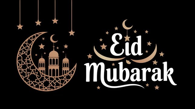 Elegant eid mubarak text with crescent moon and mosque illustration on a black background, symbolizing islamic celebration and blessings