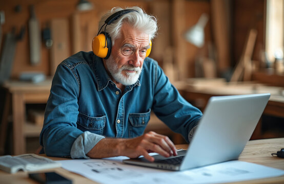 Senior man works on laptop wearing protective headphones in workshop. Elderly male types on computer. Gray bearded man uses digital device at workplace during workday. Woodworker using tech.