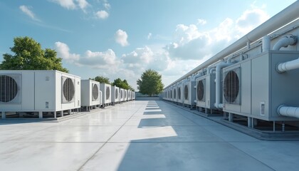 Line of industrial air conditioning units on an office building roof with clear blue sky. HVAC systems cool large commercial spaces. Units are white and gray metal boxes.