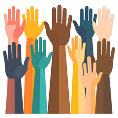 Fototapeta premium Diverse Raised Hands Representing Unity and Collaboration in Multicultural Spectrum with Plain White Background Conceptual Illustration for Stock