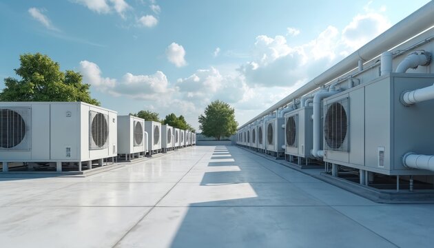 Line of industrial air conditioning units on an office building roof with clear blue sky. HVAC systems cool large commercial spaces. Units are white and gray metal boxes.