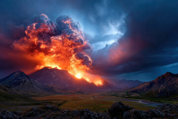 Fototapeta premium Volcanic eruption with ash cloud and lava flow