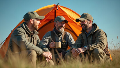 Three male hunters in outdoor gear laugh, drink hot coffee outside bright orange tent. Friends enjoy sunny morning break, bond at remote campsite in green nature. Relax together during hunting trip