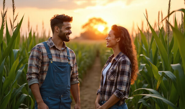 Man and woman farmers stand in cornfield at sunset. They smile, talk about crops and future farming plans. Diverse couple works in agriculture. - Powered by Adobe